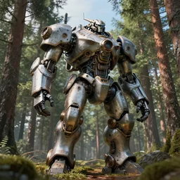 steampunk colossal mech battlerobot standing a swedish forest, very low angle photograph, trending on artstation, cgstation, intricate, very detailed