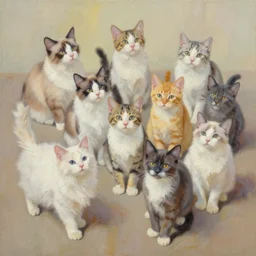 palette knife oil painting of a flock of flying kittens