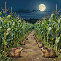 tall cornfields, miniature groundhogs, night, moon, desktop background, path traced, highly detailed, high quality, digital painting, by studio ghibli, lise deharme, alexander jansson, paul lehr, tim white, hans zatzka, george stubbs, louis wain, alphonse mucha, louis anquetin, theodore chasseriau, vittorio matteo cor