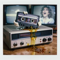 a anthropomorphic vcr vomiting a vcr cassette, gross oil leaking, messy oil everywhere, detailed, intricate, wet metal, oily, bright lights, shocking, 1 9 7 1, polaroid photo, tv screenshot, horror, hyperrealism, photo realism