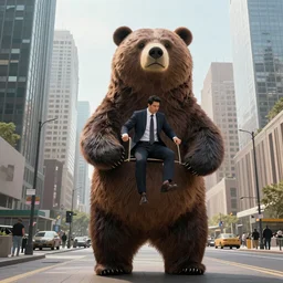 digital art of a businessman riding a giant bear in the city