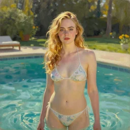 Elle Fanning by the pool oil on canvas, golden hour, artstation, by J.C. Levendecker and Peter Paul Rubens