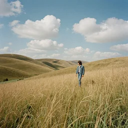 A landscape of hills and tall grass on a sunny day with puffy clouds with a man with medium length black hair, Jean jacket and jeans walking in the distance, in the style of a collage, 1970s