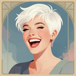 illustration portrait of a woman with white pixie cut laughing out loud, art deco painting by tom whalen, funny meme photo, trending on behance, digital illustration, storybook illustration, grainy texture, flat shading, vector art, airbrush, pastel, watercolor, poster