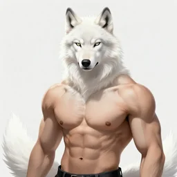 award winning beautiful portrait commission art of a muscular male furry anthro albino wolf fursona with a tail and a cute beautiful attractive detailed furry face wearing black stylish cyberpunk pants and boots in a cyberpunk city at night while it rains. Character design by charlie bowater, ross tran, artgerm, and makoto shinkai, detailed, inked, western comic book art