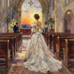 paint brush strokes, abstract watercolor painting beautiful woman from the back, wearing a long flowing lace wedding dress in a french church at sunset, ambient lighting, art by hans dahl, by jesper ejsing, art by anders zorn, wonderful masterpiece by greg rutkowski, cinematic light, american romanticism by greg manchess, impressionism by tyler edlin