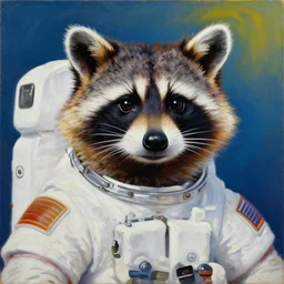heroic nasa portrait of a raccoon astronaut, kehinde wiley, oil on canvas, colorful, hyper detailed, photorealistic