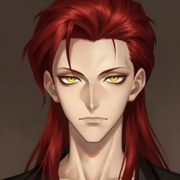 portrait of hisoka morow hunter hunter male thin lips small eyes very thin pursed lips extremely sharp jaw yellow eyes almond almond eyes squinting eyes dark red hair soft hair slicked back crimson hair anime, elegant, highly detailed, digital painting, artstation art by artgerm and greg rutkowski and alphonse mucha madonna bowie