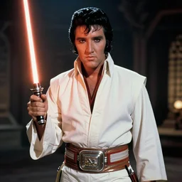 elvis presley as a jedi in star wars, 1979 movie screen shot, epic lighting