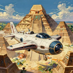 anime aztec spaceship, aztec pyramids, intricate oil painting by greg rutkowski, trending on artstation
