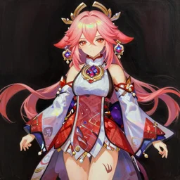a colorful and provenance painting of charming character yae miko from video game genshin impact, highly saturated colors, holographic undertones, anime stylized, accurate fictional proportions, dark aesthetic, intricate, elegant, sharp focus, illustration, highly detailed, digital painting, concept art, matte, art by wlop and artgerm and greg rutkowski and jae lee, masterpiece