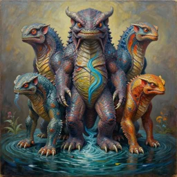intricate five river monster, oil on canvas, hdr, high detail, photo realistic, hyperrealism, surrealism, cinematic, matte finish, high contrast, 3 d depth, centered, masterpiece, vivid and vibrant colors, enhanced light effect, enhanced eye detail, artstationhd