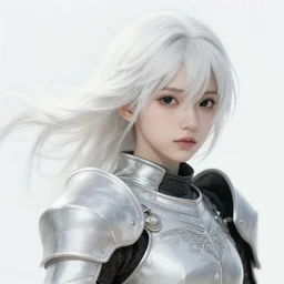 yoshitaka amano blurred and dreamy realistic illustration of a young japanese woman with black eyes, wavy white hair fluttering in the wind wearing elden ring armor with engraving, abstract patterns in the background, satoshi kon anime, noisy film grain effect, highly detailed, renaissance oil painting, weird portrait angle, blurred lost edges, three quarter view