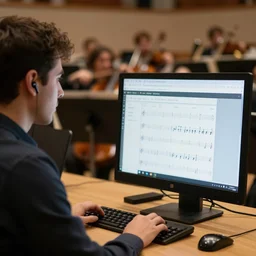 a man at his computer wearing earbuds, a symphony orchestra on the screen