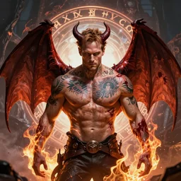 Sam Winchester as a muscular half-blood demon with religious tattoos on chest and neck, open devil wings, stained and bleeding, magic overlays, magic flames, open portal with runes in the background, romance book cover style, D&D illustration style, (octane render) fantasy style, sharp focus, ultra detailed, art by Artgerm and Peter Andrew Jones, Ayami Kojima, Amano and Olivier Ledroit