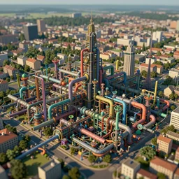 an elaborate penned illustration of a colorful intricate connected city of tubes and pipes, by jan van haasteren and jheronimus bosch, unreal engine, physically based rendering, ariel view, tilt - shift