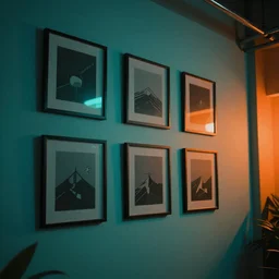 Beautiful cyberpunk teal and orange colored wall with photo frames, night ambience, smooth volumetric lighting, geometric, low light room, photorealistic details, neon glowy edges, 4K, 8K, digital arts