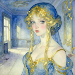 close up of a girl in a blue and gold haunted liminal abandoned room, watercolor by ivan biblin, by hammershøi, art noveau, highly detailed, lights by edward hopper, liminal, eerie, bright pastel colors