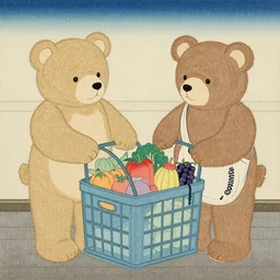 Teddy bears shopping for groceries in the style of ukiyo-e