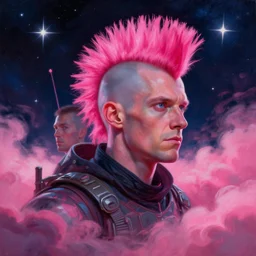 stars, space pirate neon ship, portrait big punk, pink, mohawk, beautiful clear faces by tom bagshaw, arcteryx, space, hyperdetailed illustration, stars, neon, oil painting, rich deep colors masterpiece, ultra detailed, contrast, heaven pink, clouds, volumetric light, atmospheric lighting, dramatic, cinematic, moody, octane render 4 k, 8 k