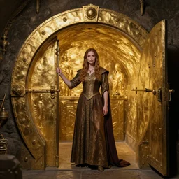 woman in medieval treasure gold vault, epic atmosphere, by greg rutkowski, nature by asher brown durand