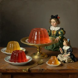 still life of jellies, nougat, and Lilliputians on a table, in the style of Henri Fantin-Latour, Chardin, Eugene de Blaas, oil on canvas, 1885, 4K resolution