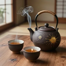 full view of an old traditional japanese teapot two smoky cup of tea on a wood table, ceramic material, candles smooth lighting, micro details, ( ( ( ( ( intricate ) ) gold details ) ) ), photorealism, canon camera, japanese house detailed background, by annie liebovitz