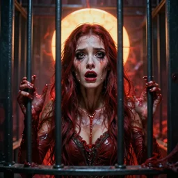 shocked skabeeva with tears in cage, cage, hell, hyper - realistic, sharp focus, depth of field, hyper - detailed visionary art, symmetric, hell, holy halo, dramatic ambient lighting, high detail, vibrant colors, the thing 1 9 8 2, judgment day, apocalypse,