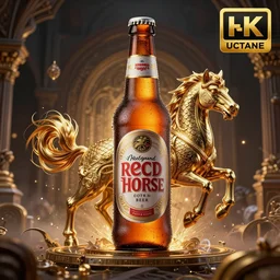 red horse beer, advertisement, realistic 4 k octane beautifully detailed render, 4 k post - processing, highly detailed, intricate complexity, epic composition, magical atmosphere, cinematic lighting, masterpiece, ultra hd