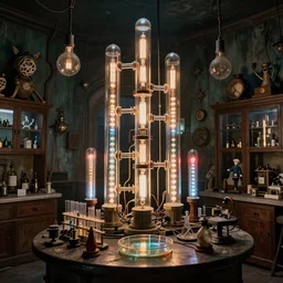 a vast and creepy mad alchemist's lab test _ tubepetri _ dish interconnected glass tubes backlit by edison bulbs, leds, and nixie tubes, walls lined with apothecary cabinets, curiosities and retired sideshow attractions