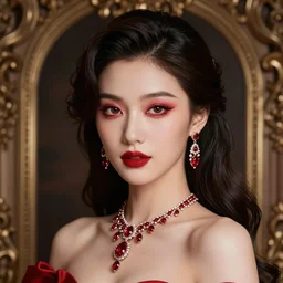wonderful princess with smooth fair skin, alluring eyes, red eyeshadow, red jewelry, breathtaking, elegant, intricate, ornate backdrop, hyper detailed, accent lighting, 4 k glamour photography, octane render