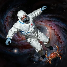 portrait of a scientist in hazmat suit falling into the crab nebula by frank frazetta
