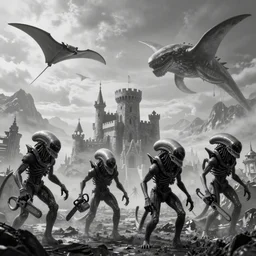 4 prometheus movie monsters, 6 xenomorphs, highly detailed background, black and white, unkown city, haze, landscape, 3 castles, 4 k, photograph, tentacles, chainsaw, manta ray, leviathan, distant mountains, clouds melting