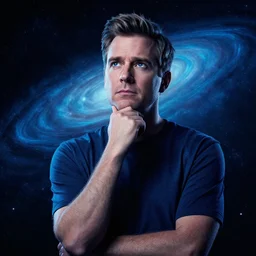 a portrait of bill nye the science guy contemplating the universe, space, dramatic lighting and composition, blue, trending on artstation, concept art, comic book, chuck close, vittorio matteo corcos, john currin.