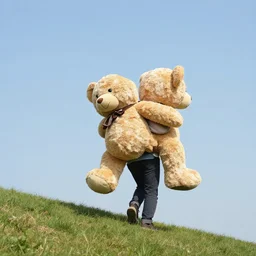 picture of person carrying the worlds largest realistic teddy bear on their back up a hill from a distance