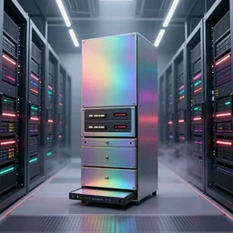 an immaculate volumetric path tracing lighting render of a of beautiful iridescent large tape drive device at the center of a vast modern datacenter, fog, god rays, and nixie tubes by Zdzisław Beksiński and beeple, beautiful modern colors, ultradetailed, 4k ultra