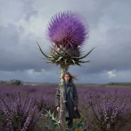 portrait, enormous thistle flower head, girl wearing coat in heather field, surreal photography, wind and cold, dramatic sky, impressionist painting, digital painting, artstation, simon stalenhag