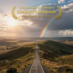 a wide and vast landscape with sunny sky and clouds, road over hill with rainbow in background, cinematic lighting, digital art