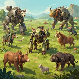 Highly Detailed digital illustration about the beauty of nature in a dieselpunk world where all animals have been replaced by mechanical beasts. Trending on Artstation