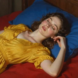 beautiful oil matte portrait painting, young woman with closed eyes lying on a red bedsheet with blue pillows wearing a mustard yellow dress, detailed face, wonderful masterpiece highly detailed, beautiful cinematic light deep focus, elegant, digital painting, smooth, sharp focus, golden ratio, dramatic illumination, ultra realistic, 8 k, art by jimmy law