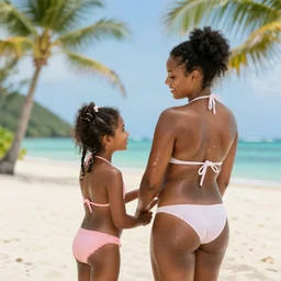 black mother daughter tanning on tropical beach vacation, abstract
