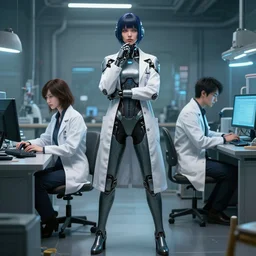 karol bak and tom bagshaw and ayami kojima full body character portrait of a beautiful cybernetic nerdy scientist, at a work desk thinking intensely, wearing combination of lab - coat and mecha, laboratory in the background, artstation scifi character render, 4 k digital camera, sharp focus, movie still