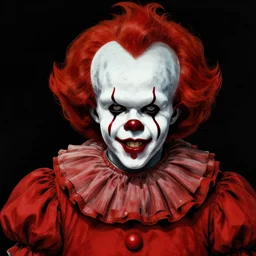 zombie pennywise, in the style of beksinski, red, black, vibrant, chiaroscuro, high detail, perfect artwork, clean lines