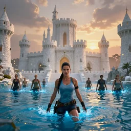 amazon mila kunis as muscled amazon lara croft wading through blue glowing water, bright white castle stones, 2 0 0 mm focal length, epic vista of old ruins, sundown, golden hour firefly wisps, steve hanks, charlie bowater, mark brooks, steve henderson, justin gerard, mark keathley, victor nizovtsev, ross tran, wlop
