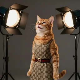 very excited catgirl in a gucci dress looking at the most amazing thing in the world, ginger fur, luxury materials, symmetrical, cinematic, elegant, professional studio light, real dlsr photography, sharp focus, 4 k, ultra hd, sense of awe, high fashion