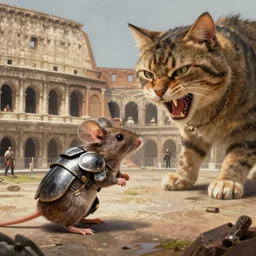 armored mouse battling a giant ferocious cat, in the colosseum, art by artgerm and greg rutkowski and magali villeneuve, d & d, fantasy, highly detailed, digital painting, trending on artstation, concept art, sharp focus, illustration