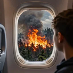 passenger looking a huge forest fire at window in airplane