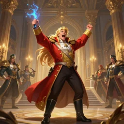 Grand General Swain with beautiful long blond hair proclaiming victory over his subjects, grandiose royal palatial staging, official league of legends splash art, artstation HD