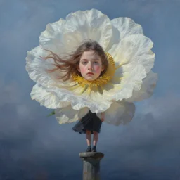 portrait of giant flower head, a girl standing on pillar, surreal photography, wind and cold, dramatic sky, impressionist painting, digital painting, artstation, simon stalenhag