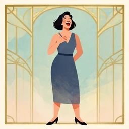 illustration with a woman laughing out loud with open mouth, standup, comedy, joke, an art deco painting by tom whalen, trending on behance, art deco, digital illustration, storybook illustration, grainy texture, flat shading, vector art, airbrush, pastel, watercolor, poster